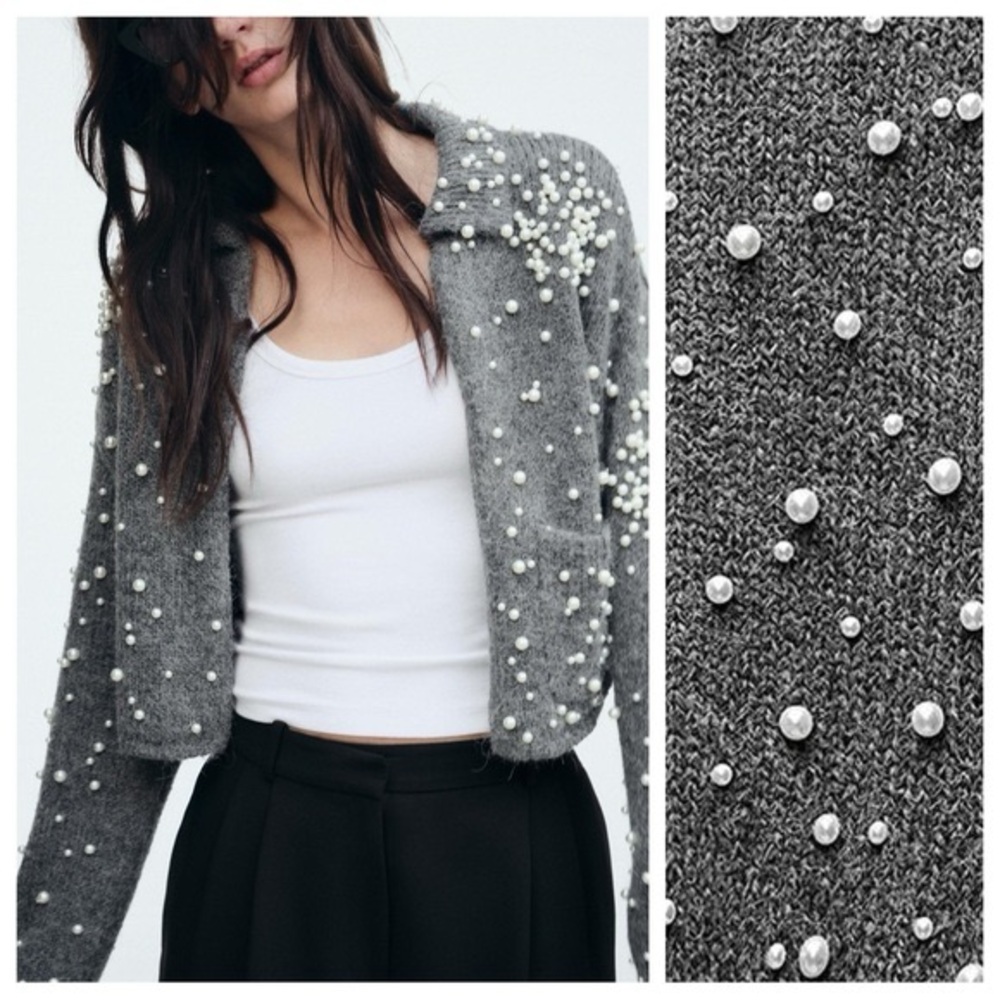 Zara Charcoal Blazer with Pearl Accents